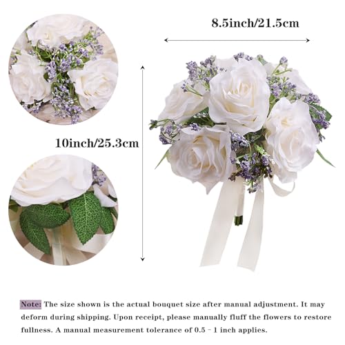 8.5 Inch Ivory Bridesmaid Bouquets for Wedding, Set of 4, Small Rose Bouquet, Rustic Artificial Silk Flowers, Floral Centerpiece Decorations - color: 4pcs White&purple Bouquets