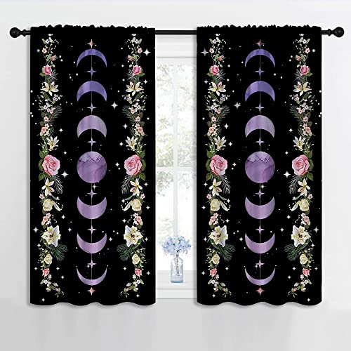 Purple Boho Floral Wildflower Rod Pocket Blackout Curtains for Teen Bedroom,Moon Phase Moonlit Garden Witchy Gothic Aesthetic Thermal Insulated Home Window Drapes for Living Room Darkening,42x45in - color: Purple Boho Floral Wildflower-008, size: 42"W x 4