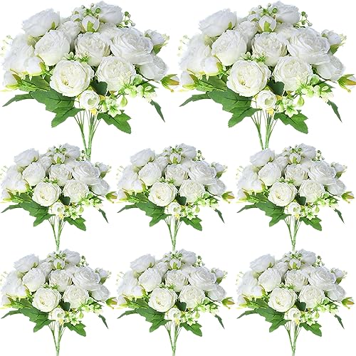 Geosar 8 Bundles Artificial Peonies Flowers Fake Silk Peony Bouquet Faux Peonies Flowers Bulk for Decoration Vase Floral Arrangements Wedding Party Table (White) - color: Green, White