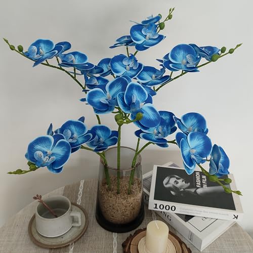 ATFL 6 Pack Blue Orchid Artificial Flowers Real Touch, 23'' Artificial Faux Realistic Latex Orchid Stem Bouquets, Fake Phalaenopsis Flower for Wedding Home Arrangement Décor (6, Blue) - color: Blue