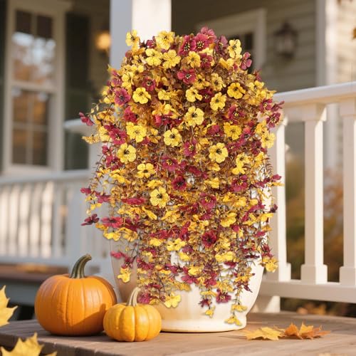 Fall Decor Artificial Flowers for Outdoor Decoration, 4Pcs Fake Hanging Flowers Mums Silk UV & Fading Resistant, Artificial Faux Plants for Home Patio Yard Garden Farmhouse Halloween - color: Yellow and Brown