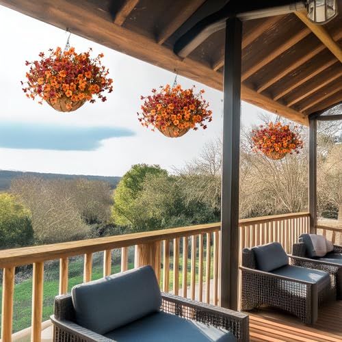 ZFProcess Artificial Fake Fall Hanging Plants Flowers Basket, Faux Silk Daisy in Planter Realistic UV Resistant for Outside Home Patio Balcony Yard Autumn Outdoor Decoration (Orange Brown) - color: Orange Brown
