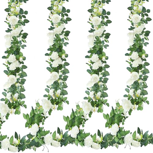 Sggvecsy 4Pcs 31Ft Artificial Rose Vine Fake Flower Garland Floral Garland Faux Silk Hanging Vine Rose Ivy Vines for Wedding Arch Party Wall Garden Ceremony Background Outdoor Decor (White) - color: White, size: 4Pcs