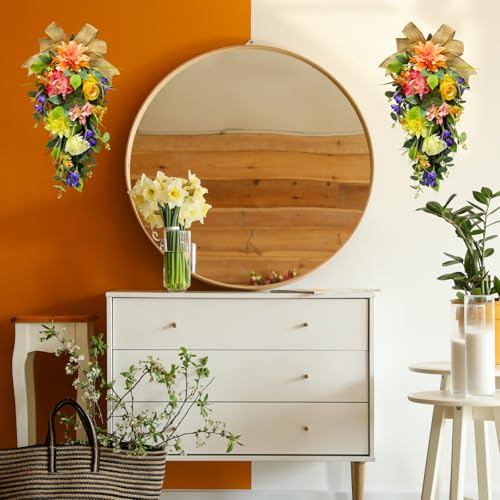 Svndlyn Spring Summer Floral Teardrop Swags Lighted Mixed Flower Teardrop Wreath with Dahlia Pinnata Peonies Rose Burlap Bow and Eucalyptus Leaves Floral Arrangement for Door Wall Mantel Window