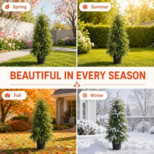 5FT Lighted Topiary Trees Artificial Outdoor Set of 2, UV-Resistant Artificial Outdoor Trees, Tall Pre Lit Faux Evergreen Topiary Trees with Planters for Front Porch Entryway Patio Decor