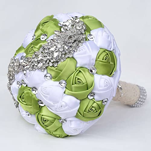 XINNI Handmade Bridal Wedding Bouquet Bride Bridesmaid Satin Rose Flower Bouquet with Meteor Shower Shape Rhinestone Wedding Decoration (Green+White) - color: Green+white