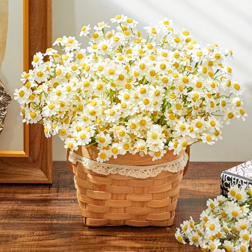 Serwalin 48pcs Small White Daisy Flowers Artificial Bouquet, Realistic Faux Daisy Fake Wildflowers Daisies Arrangements for Home Garden Vase Wedding DIY Home Party Decor (Basket Not Included) - color: White, size: 48PCS