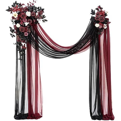 Ling's moment Black Red Artificial Wedding Arch Flowers Kit Pack of 4, 2pcs Hanging Flower Arrangement 2pcs Chiffon Drapes Ceremony Reception Fake Rose Arbor Backdrop Floral Party Outdoor Decorations - color: Blk-black & Burgundy