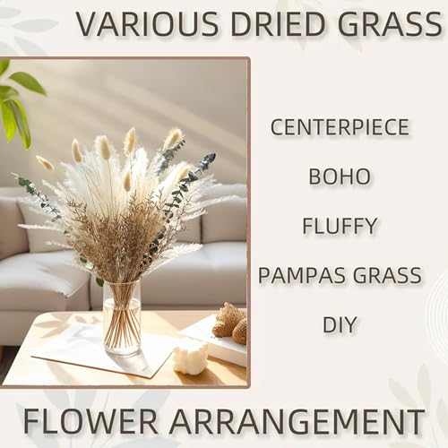 17 Inch Beige & White Dried Grass Bouquet, White Reed, Green Eucalyptus and Natural Love Grass for Spring Home Decor, Minimalist Boho Styling,Table Display and Holiday Decor - color: 70pcs Pampas Grass