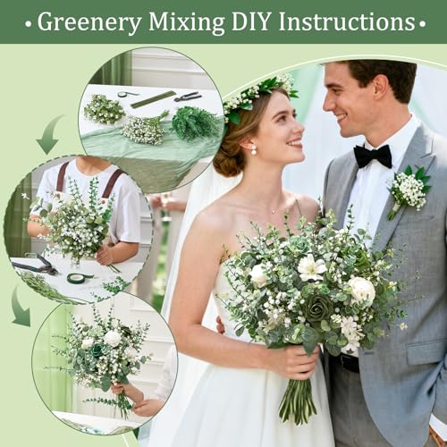 Serwalin 100 Pcs Mixed Artificial Eucalyptus Stems,Babys Breath Artificial Flowers Bulk with Faux Eucalyptus Leaves Greenery Stems for Wedding DIY Bouquets Floral Arrangement Home Decor - size: 100pcs