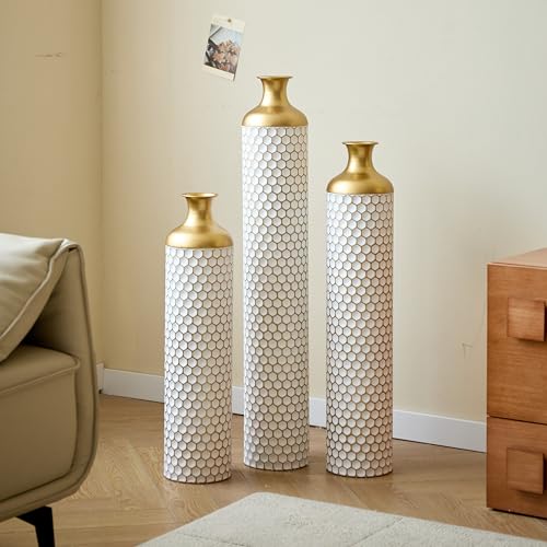 White Tall Floor Vase:24.4/28.7/33.4in Extra Large Metal Decorative Vases Modern Honeycomb Set of 3 for Living Room Dining Bedroom Home Corner Indoor - color: Floor Vase White Honeycomb