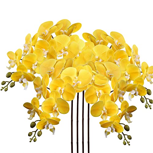 4 Pcs Artificial Orchid Flowers 9 Large Heads of Real Touch Vivid Phalaenopsis Orchid Flower Stem 31.5'' Tall, Artificial Flowers Branches for Home Decor, Office House Decor-Yellow Phalaenopsis - color: Yellow #13