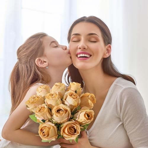 12Pcs Realistic Fake Champagne Roses Faux Flowers with Long Stems, Artificial Silk Rose Flowers for Valentines Day Home Wedding Decor Bridal Bouquet - color: Champaign