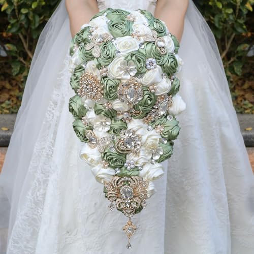 Luxury Cascade Bridal Wedding Bouquet Satin Rose Waterfall Holding Bouquet Artificial Flower Bunch for Bride Bridesmaid(Sage Green & Ivory, 15" x 7.5") - color: Sage Green & Ivory, size: 15"L x 7.5"W(38cm x 19cm)