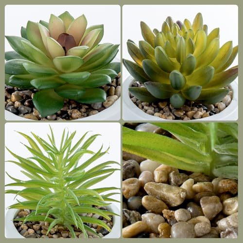MyGift Assorted Artificial Succulent Plants - Decorative Fake Desert Plants with Pebble Fillers in White Ceramic Pots with Bamboo Saucers, Set of 3