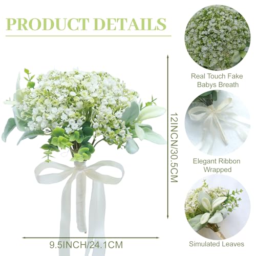 Artificial Bridesmaid Bouquets Set of 6 - Ivory White 9 Inch Flower Bouquet for Wedding Party Ceremony Anniversary Dinning Table Centerpieces Decor Faux Boho (Babys Breath & Ribbon) - color: Babys Breath