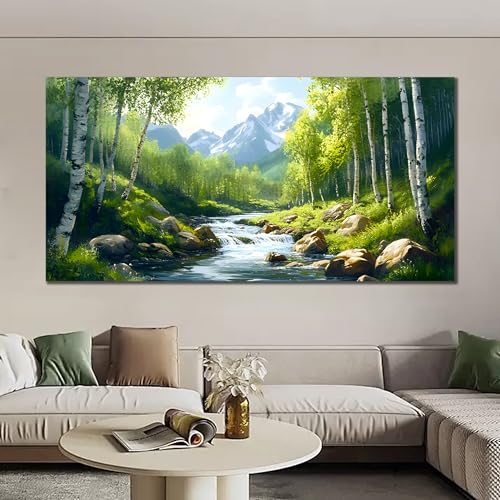 SSNEEKNDG Green Forest Large Wall Art for Living Room Tree Pictures Landscape Mountain Artwork for Bedroom Office Kitchen Canvas Prints 29"x58" - size: 29"L x 58"W