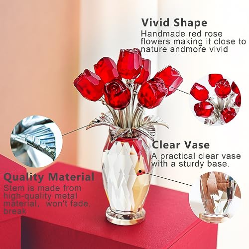 H&D HYALINE & DORA Crystal Rose Flower Figurine,Glass Flower Bouquet Ornament,Glass Rose Gift for Christmas Mother's Day Valentine's Wedding Party - color: Red 1