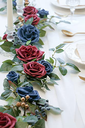 PONATIA 5FT Handcrafted Artificial Rose Flower Garland, Burgundy Flower Garland for Wedding Ceremony Garlands Backdrop Arch Flowers, Ceremony Reception Table Decorations (Burgundy & Navy) - color: Burgundy Navy