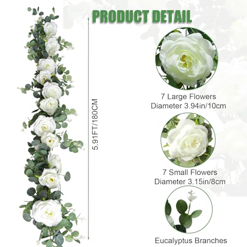 6FT Artificial Eucalyptus Garland with 14 Fake White Rose Flowers - Floral Greenery Decoration Vine for Runner, Backdrop, Arch Wall Decor,Indoor/Outdoor, (1 PCS) - size: 1 Pack