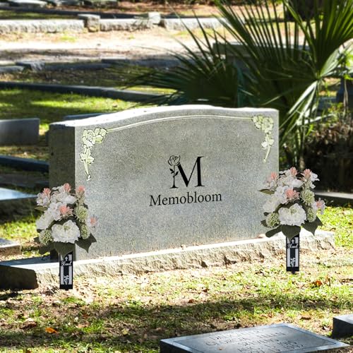 White Artificial Flowers for Cemetery: 2 Pcs Peony Grave Flower Bouquets for Cemetery Decorations - Outdoor Gravesite Flowers with Vase - color: White