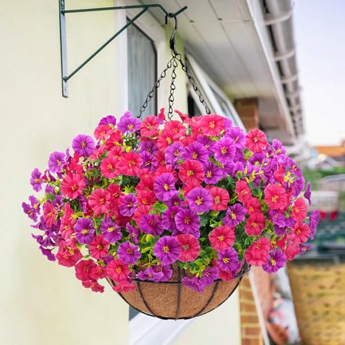 Elyum Artificial Hanging Flowers for Outdoors, Fake Flowers Artificial Petunias Hanging Baskets for Outdoors, UV Resistant Fake Hanging Plants Flowers for Outside Garden Patio Porch Decor - color: Purple&rose Red, size: 1 Pack