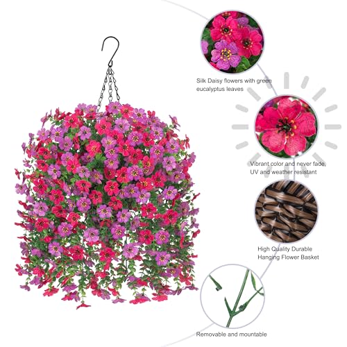 HyeFlora Artificial Hanging Flowers Basket for Outdoor, Fake Flowers Faux Plants Look Real for Yard Gardens Porch Patio Home (Purple+Hotpink) - color: Purple+hotpink