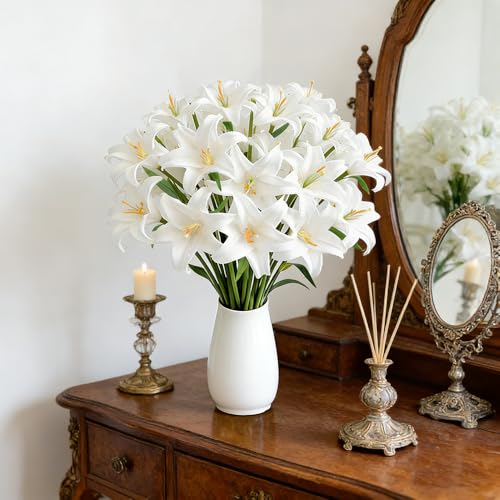 Tinsow 20Pcs Artificial Lily Real Touch Flowers Fake Latex Lily Flowers White Mini Lily for Wedding Home Decoration Small Easter Lily
