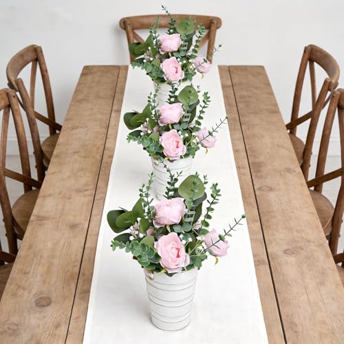 Artificial Flowers in Pot - 10 Inches Pre-Made Large Faux Silk Rose Floral Greenery Table Centerpieces with Rustic Tall Metal Vase for Farmhouse Home Decoration - Pink - color: Pink, size: 1 X Flowers Table Centerpiece