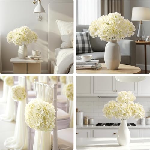 Auihiay 10PCS Hydrangea Artificial Flowers, Faux Champagne Flowers for Wedding Centerpieces, DIY Bouquets, Bridal Shower, Floral Decor Home Decoration with Stems (VASE NOT Included) - color: Champagne