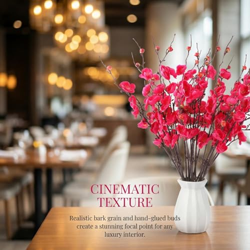 Cherry Blossom Branches Artificial Flowers for Winter Spring Indoor Decoration, Plum Fake Peach Plants for Wedding Home Office Bedroom Party Decor (Rose red, 22in) - color: Rose Red, size: 22in