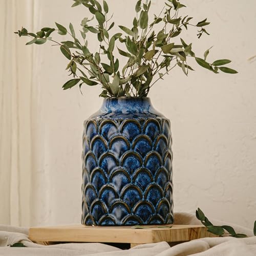 Ceramic Flower Vase, 7.28” Vintage Blue Pottery Vase for Home Decor, Rustic Textured Vase for Pampas Grass, Living Room, Entryway, Mantel, Kitchen Table, Centerpiece - color: 203-blue