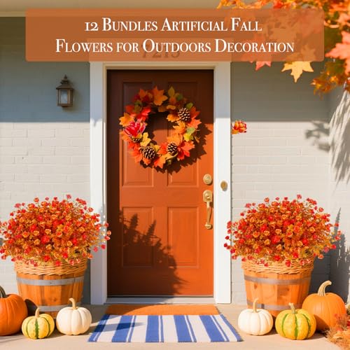 12 Bundles Artificial Fall Flowers for Outdoors Fall Thanksgiving Decorations, UV Resistant Fake Mums Faux Fall Plants Plastic Greenery Shrub Home Porch Gardens Autumn Decor(Brown Eucalyptus Flower) - color: Brown Eucalyptus Flower, size: 12 Bundles