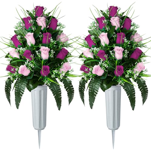 XONOR 2 Sets Artificial Cemetery Flowers, Grave Decorations Roses, Memorial Flowers Bouquet with Vase for Grave Cemetery Decoration (Purple&Pink) - color: Purple&pink
