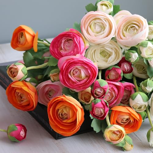 5PCS Artificial Ranunculus Flowers with Silk Flower Real Touch Stem Spray for Home Garden Office Decoration Wedding DIY Arrangements (Champagne Pink) - color: Champagne Pink