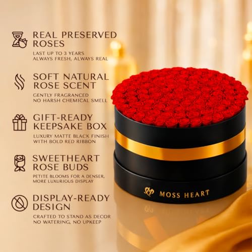 100 Petite Preserved Roses, Large Round Shaped Box, Real Forever Roses Last 1+ Year, Romantic Gift for Women, Wife, Girlfriend, Mother’s Day, Birthday, Anniversary, Valentine’s Day - color: Red, size: 100 Roses