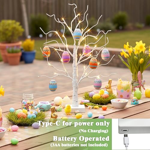 PEIDUO Easter Decorations for Home, 2FT 24LT Egg Tree Lighted with Battery Powered and Timer, Lighted Easter Trees Decor, Pre-lit White Birch Tree for Party Spring Decor - style: Easter tree