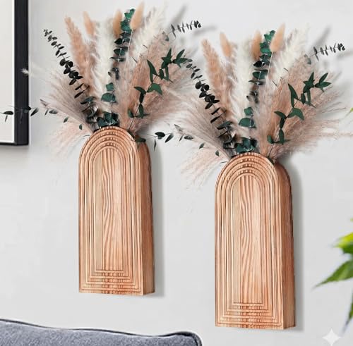 Set of 2 Wooden Vases with Pampas Grass and Eucalyptus – Boho Decor for Living Room, Modern Farmhouse Entryway or Bathroom, Rustic Art for Home Decoration - style: A