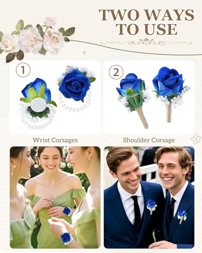 eZAKKA Wristlet Corsage and Boutonniere Set, Blue Corsage for Men, Flower Rose Wrist Corsage Bracelets Decorations for Wedding Party Prom Suit - color: blue