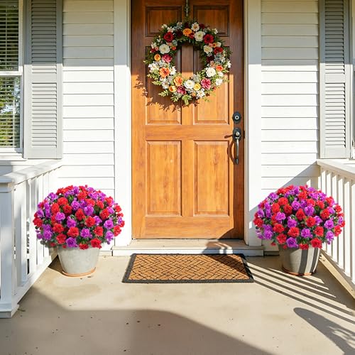 Artificial Fake Outdoor Flowers Plants, Faux Silk Camellia Bundles UV Resistant No Fade Realistic for Planter Pot Outside Porch Patio Balcony Garden Yard Home Decor, 3 Large Bundles (Red + Fuchsia) - color: Red +Fuchsia