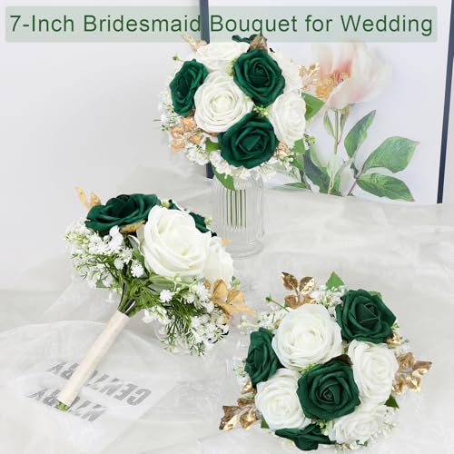 Artificial Bridesmaid Bouquet Set of 6 - Wedding Flowers Bouquets for Bridesmaids, Small Pre-made Faux Small Floral Bouquets for Bridal Shower, Ceremony, Anniversary - Emerald White Gold, 7 Inch - color: White & Emerald & Gold, size: Set of 6 Bridesmaid B