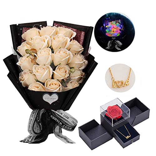 EIGHTOWN Roses Bouquet Artificial Flower - Preserved Red Rose Flowers with Love Necklace for Her - Unique Gifts Valentine's Day, Mother's Day, Thanksgiving, Birthday, Anniversary - color: Elegant Champagne