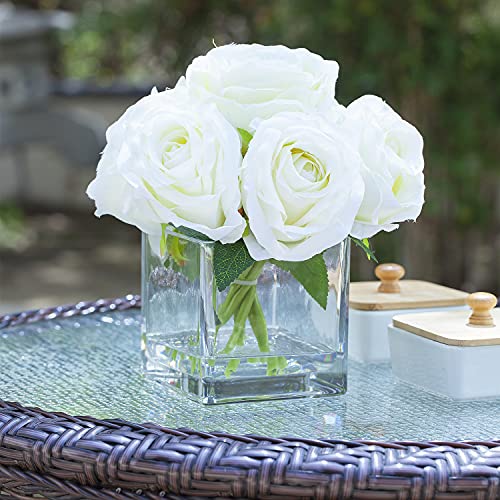Enova Floral 7 Large Stems Artificial Silk Roses Fake Flowers Arrangement in Cube Glass Vase with Faux Water for Home Office Wedding Decoration (Cream) - color: Cream