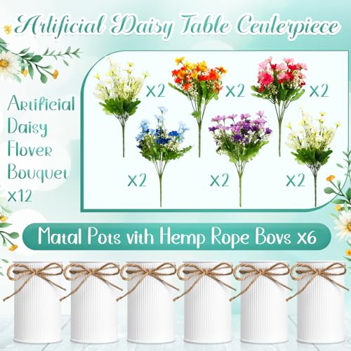 6 Sets Spring Daisy Table Centerpieces Colorful Artificial Wildflower with Galvanized Metal Pot Vintage Artificial Potted Daisy Flowers Decoration for Easter Home Office Wedding Party Baby Shower