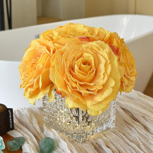 Artificial Rose in Glass Vase Vintage Silk Flower Arrangement with LED Light for Table Centerpiece Home Wedding Decoration (Golden Yellow) - color: Golden Yellow