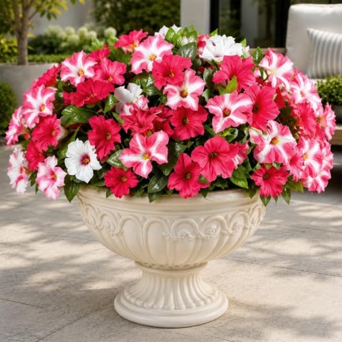 6Pcs Artificial Flowers for Outdoors, Fake Petunias Morning Glory Silk Flower UV Resistant, Faux Flowers for Outdoor Planters, Realistic Flora for Window Box Garden Porch Decor (RedWhite-Petunia) - color: Redwhite-petunia