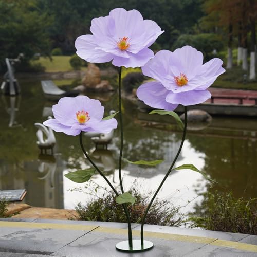 Large Paper Artificial Flowers,Giant Flowers for Decoration,Huge Handcrafted Poppy Fake Flowers with Stand for Home Decor Bridal Shower Party Outdoors Yard Event Backdrop Decor (Purple) - color: Purple