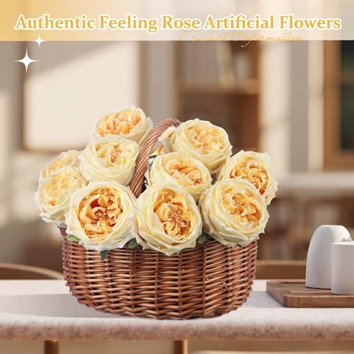 Daifunli 10pcs Real Lifelike Peonies Artificial Flowers, Faux Austin Rose with Long Stem Look Real Fake Flower for Christmas Valentines Arrangement Wedding Party Home Kitchen Decor(Champagne) - color: Champagne
