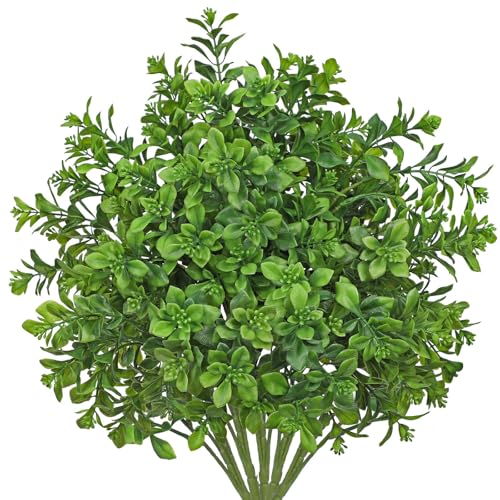 GnFlus Artificial 5Pcs Faux Seeded Eucalyptus Leaves Stems Fake Plants Sharp UV Resistant Faux Plastic Boxwood for Kitchen Office Garden Porch Farmhouse Window Box Home Decor - color: Eucalyptus