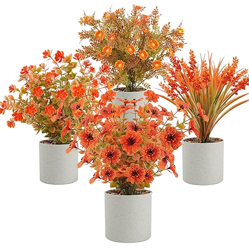4 Pack Artificial Fall Flowers Autumn Potted Plants Fake Small Plants for Fall Table Centerpieces Thanksgiving Home Tabletop Office Bathroom Farmhouse Thanksgiving Decorations (Orange) - color: Orange, size: 4 Pcs